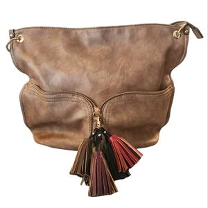 Sondra Roberts Squared Faux Leather Taupe Hobo purse bag with removable tassel.
